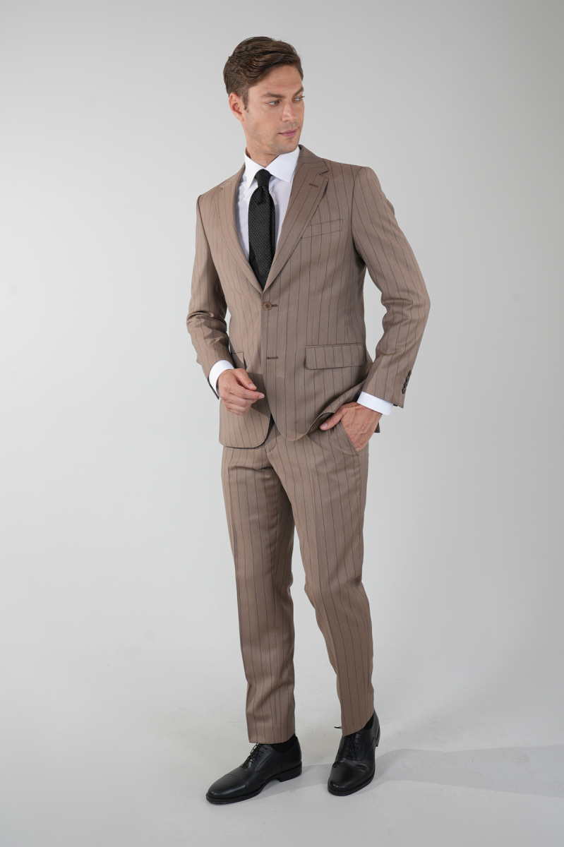 Açık Kahve Comfort Fit Mono Yaka Çift Yırtmaçlı Sedef Düğmeli 6 Drop Yün Takım Elbise - 5