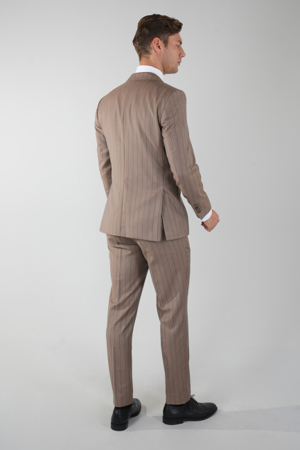 Açık Kahve Comfort Fit Mono Yaka Çift Yırtmaçlı Sedef Düğmeli 6 Drop Yün Takım Elbise - 2