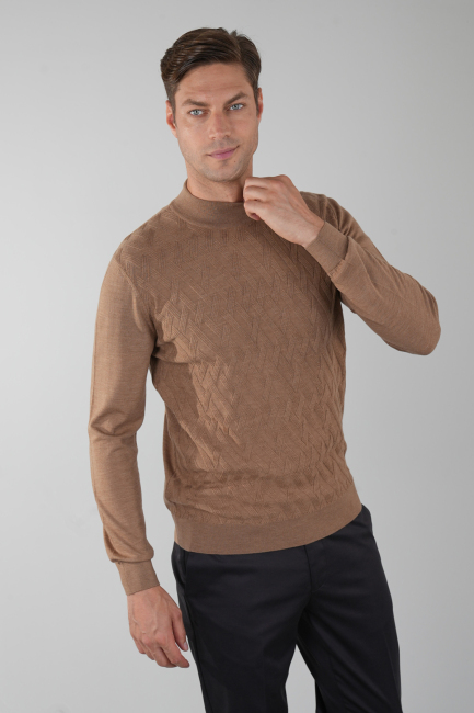 Açık Kahve Yarım Balıkçı Ön Jakar Yün Erkek Triko