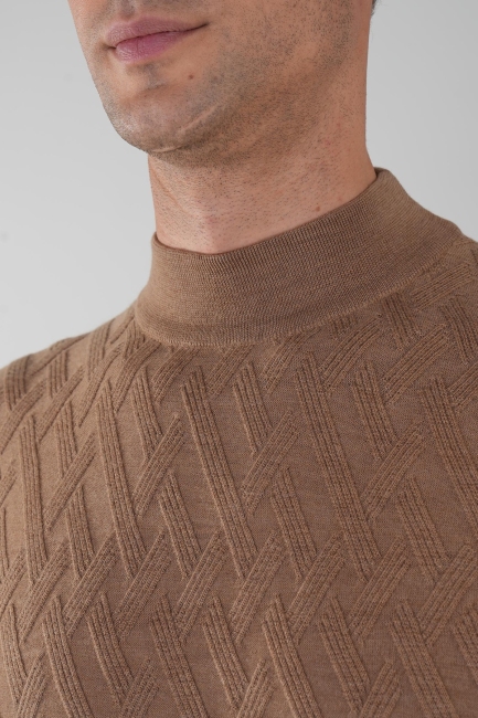 Açık Kahve Yarım Balıkçı Ön Jakar Yün Erkek Triko - 3