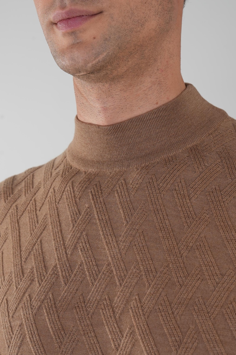 Açık Kahve Yarım Balıkçı Ön Jakar Yün Erkek Triko - 3