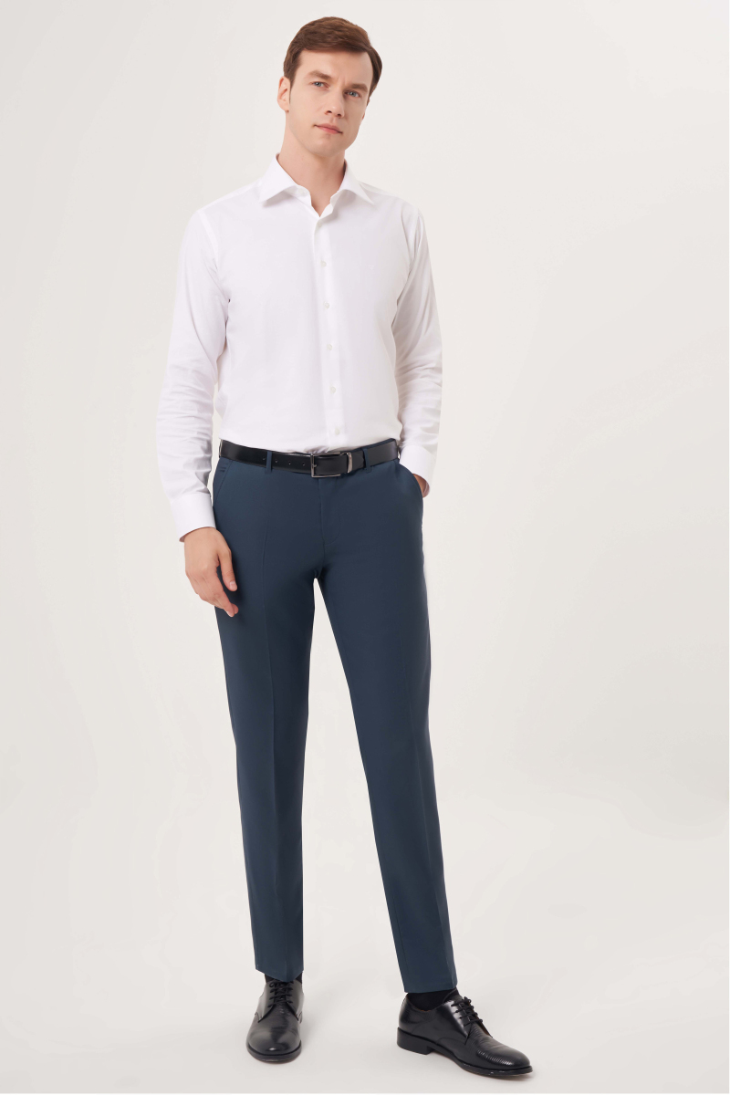 Açık Lacivert Yün Dokuma Klasik Erkek Pantolon - 4