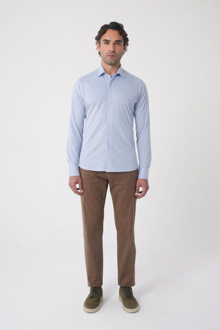 Açık Mavi Uzun Kol Klasik Yaka Örme Cepsiz Erkek Gömlek   - 3