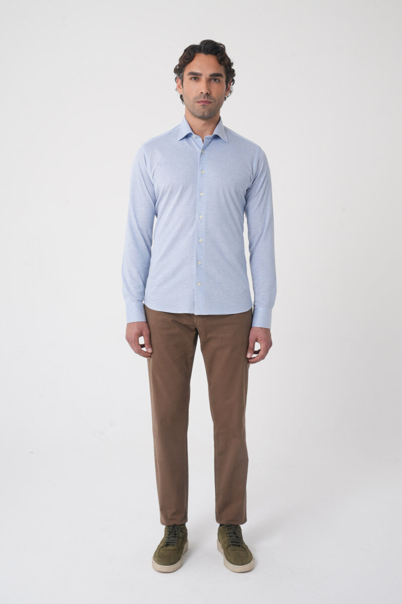 Açık Mavi Uzun Kol Klasik Yaka Örme Cepsiz Erkek Gömlek   - 3