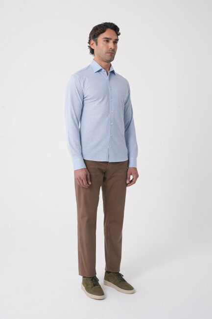 Açık Mavi Uzun Kol Klasik Yaka Örme Cepsiz Erkek Gömlek   - 4