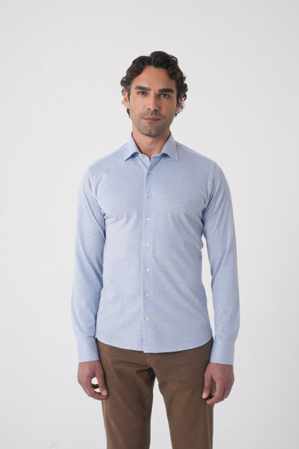 Açık Mavi Uzun Kol Klasik Yaka Örme Cepsiz Erkek Gömlek  