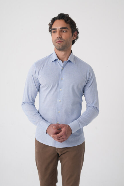 Açık Mavi Uzun Kol Klasik Yaka Örme Cepsiz Erkek Gömlek   (1)