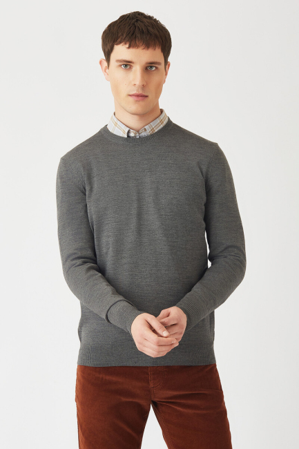 Akrilik Yün Bisiklet Yaka Gri Erkek Triko 