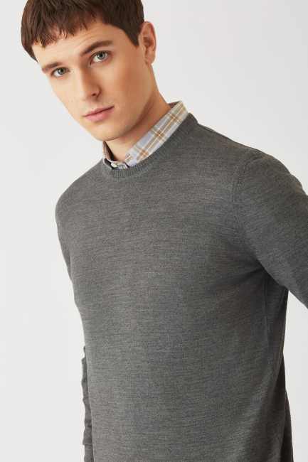 Akrilik Yün Bisiklet Yaka Gri Erkek Triko - 3
