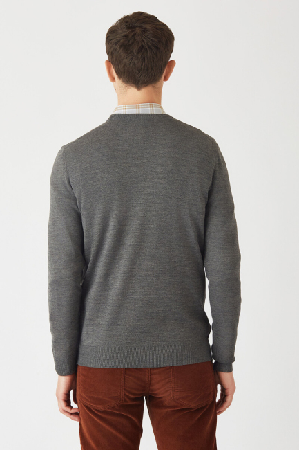 Akrilik Yün Bisiklet Yaka Gri Erkek Triko - 2