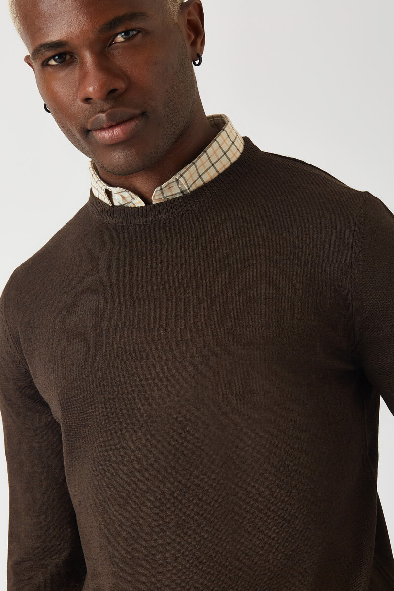 Akrilik Yün Bisiklet Yaka Kahve Erkek Triko - 3