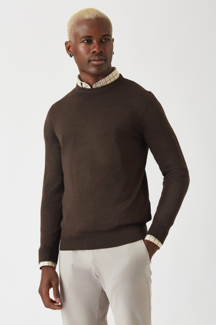 Akrilik Yün Bisiklet Yaka Kahve Erkek Triko - 1