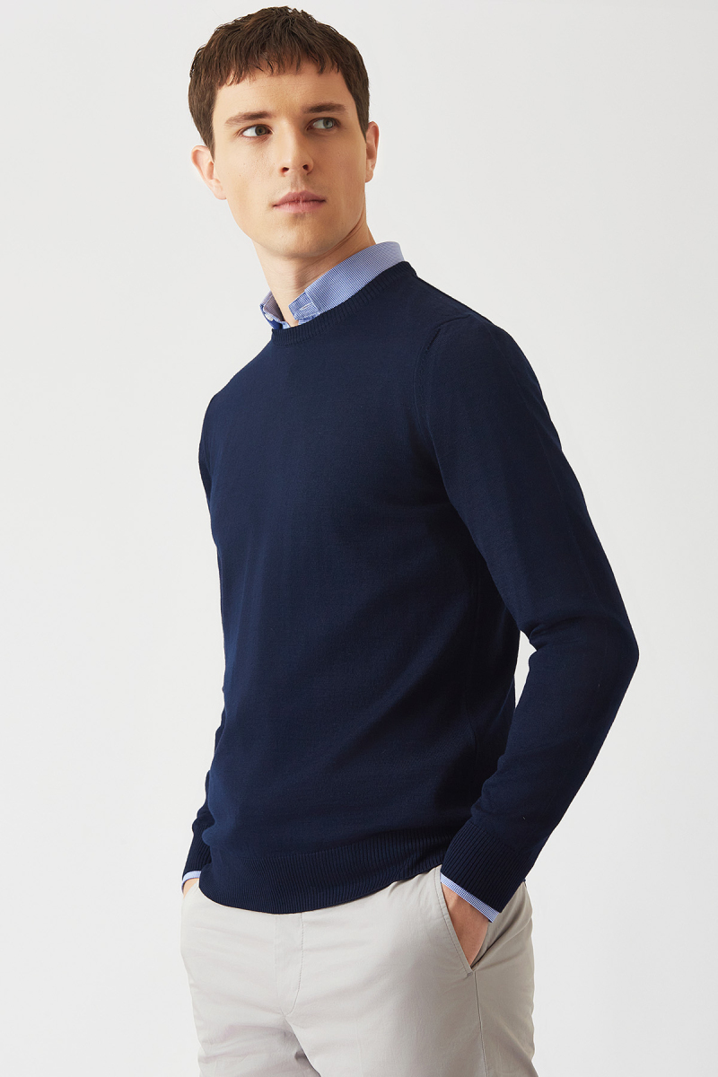 Akrilik Yün Bisiklet Yaka Lacivert Erkek Triko - 3