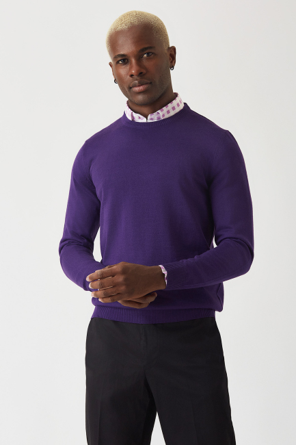 Akrilik Yün Bisiklet Yaka Mor Erkek Triko 