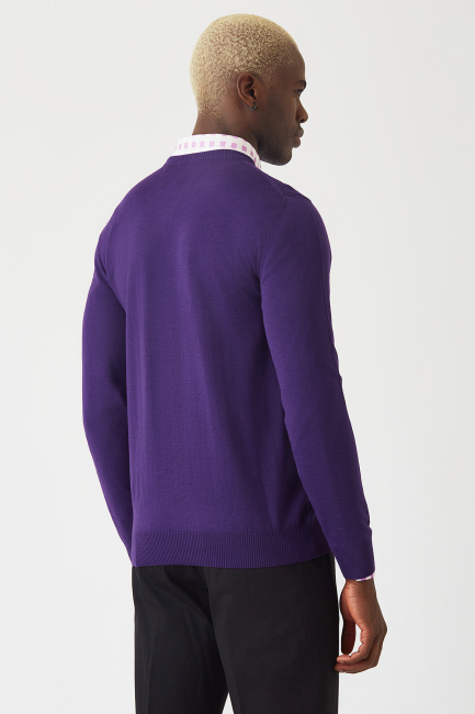 Akrilik Yün Bisiklet Yaka Mor Erkek Triko - 2