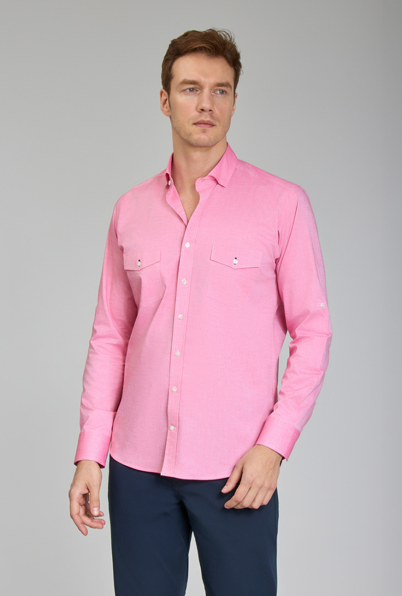 Regular Fit Yaka Düğmeli Pembe Erkek Gömlek - 5