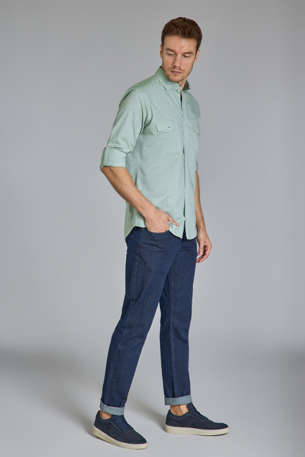 Regular Fit Yaka Düğmeli Yeşil Erkek Gömlek - 5