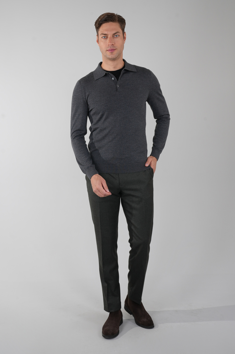 Antrasit Düğmeli Polo Yaka Erkek Yün Triko - 5