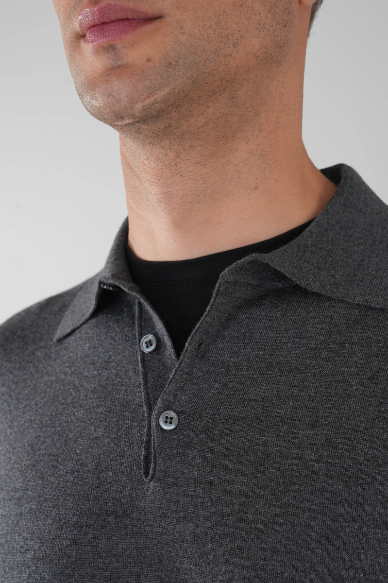 Antrasit Düğmeli Polo Yaka Erkek Yün Triko - 3