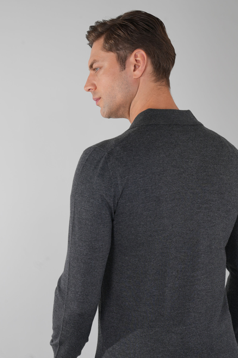 Antrasit Düğmeli Polo Yaka Erkek Yün Triko (1)