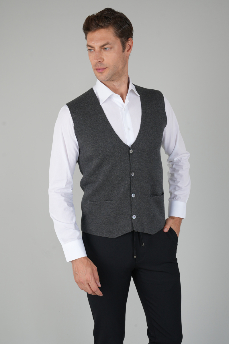 Antrasit Düz Triko Yün Erkek Yelek - 5
