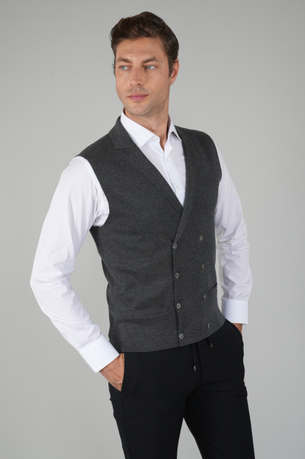Antrasit Kruvaze Yün Erkek Yelek - 5