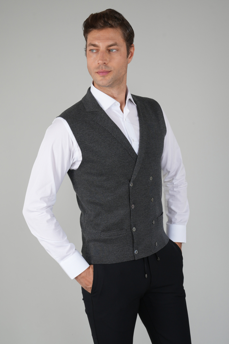 Antrasit Kruvaze Yün Erkek Yelek - 5