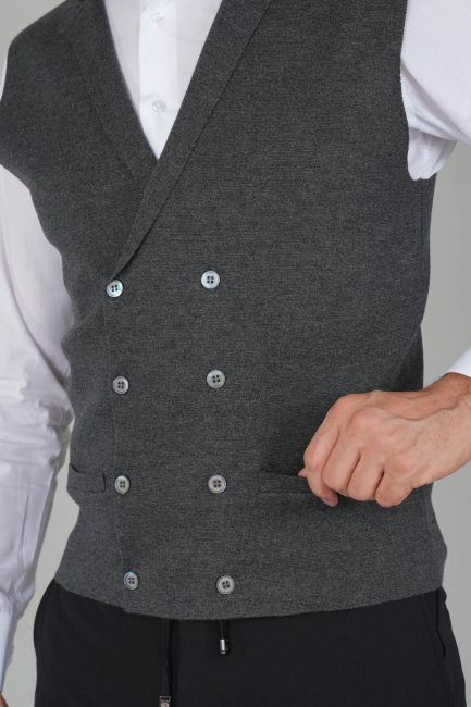 Antrasit Kruvaze Yün Erkek Yelek - 3