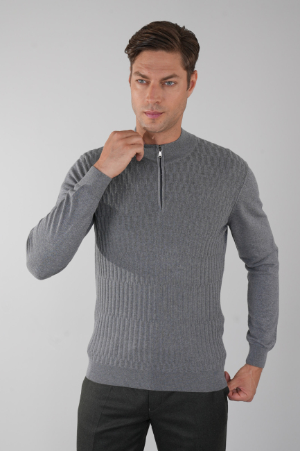 Antrasit Yarım Balıkçı Fermuarlı Full Jakar Yün Erkek Triko - 1