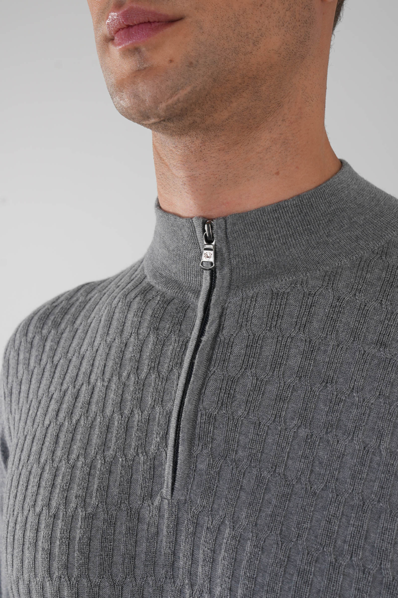 Antrasit Yarım Balıkçı Fermuarlı Full Jakar Yün Erkek Triko - 3