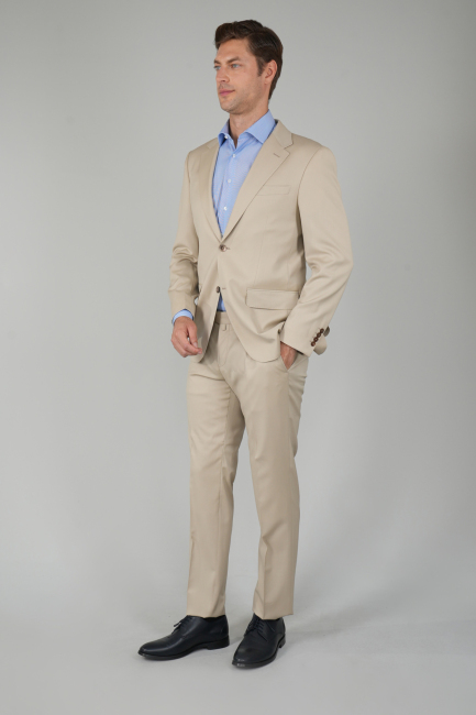 Bej Dokuma Mono Yaka Çift Yırtmaçlı 6 Drop Yün Klasik Takım Elbise 