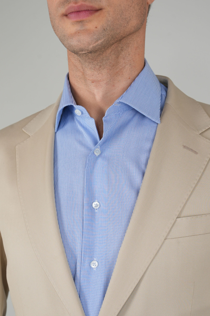 Bej Dokuma Mono Yaka Çift Yırtmaçlı 6 Drop Yün Klasik Takım Elbise - 4