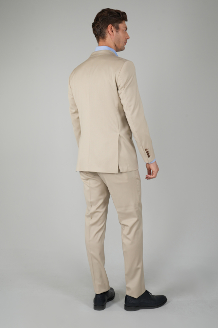 Bej Dokuma Mono Yaka Çift Yırtmaçlı 6 Drop Yün Klasik Takım Elbise - 2