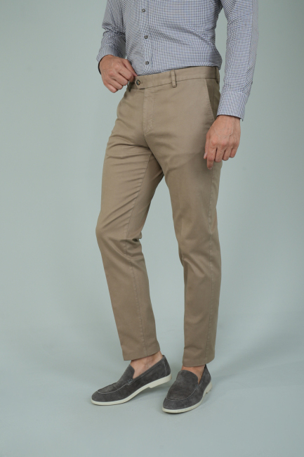 Bej Pamuklu Chino Pilesiz Erkek Pantolon - 1