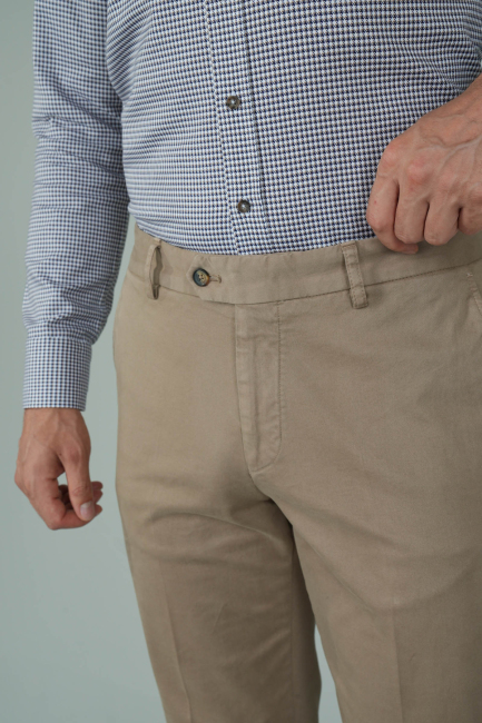 Bej Pamuklu Chino Pilesiz Erkek Pantolon - 3