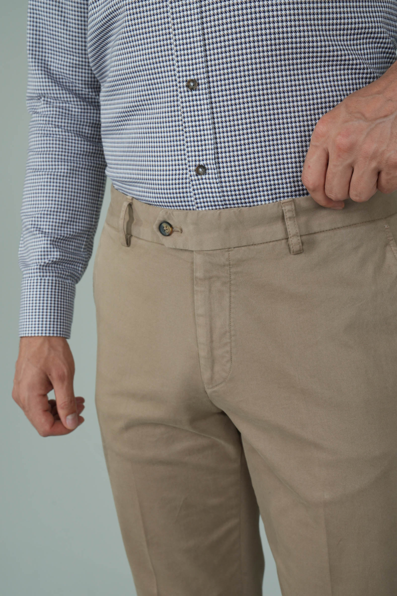 Bej Pamuklu Chino Pilesiz Erkek Pantolon - 3