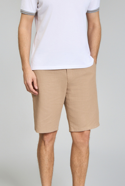 Bermuda Cepli Bej Erkek Keten Şort 
