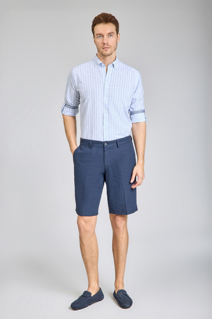 Bermuda Cepli Lacivert Erkek Keten Şort - 6