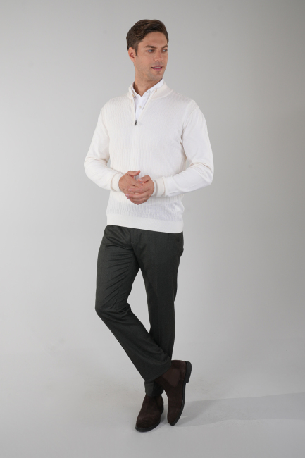 Beyaz Yarım Balıkçı Fermuarlı Full Jakar Yün Erkek Triko - 5