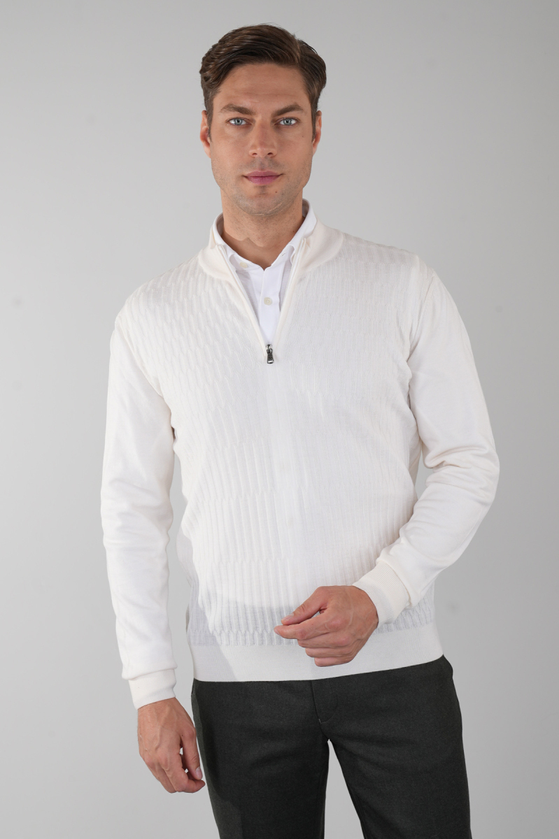 Beyaz Yarım Balıkçı Fermuarlı Full Jakar Yün Erkek Triko