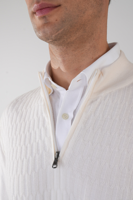 Beyaz Yarım Balıkçı Fermuarlı Full Jakar Yün Erkek Triko - 3