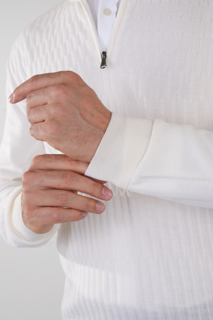 Beyaz Yarım Balıkçı Fermuarlı Full Jakar Yün Erkek Triko - 4