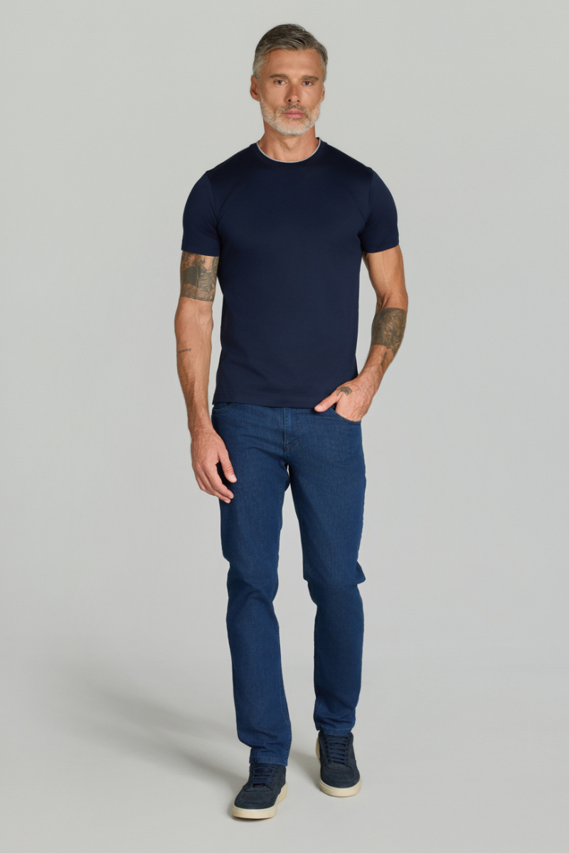 Bisiklet Yaka Lacivert Erkek Pamuk Tshirt