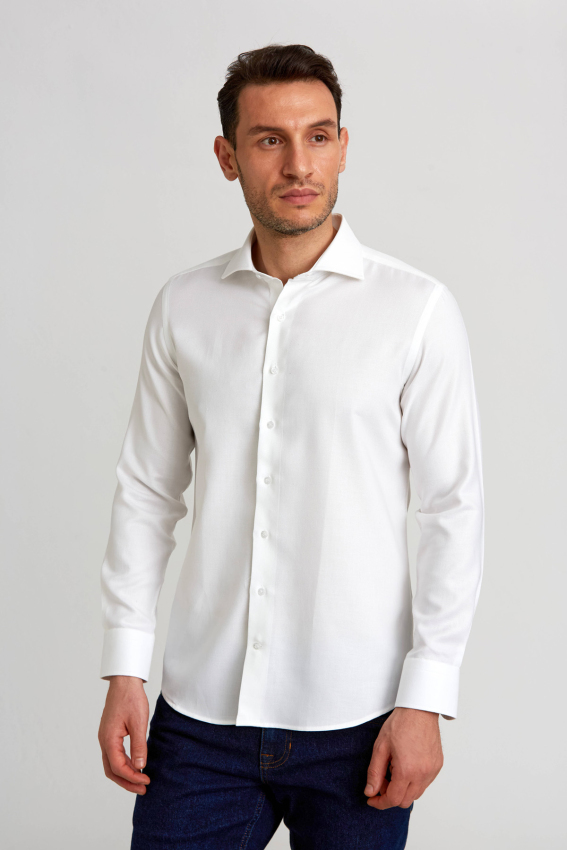 Modern Fit Yarım İtalyan Yaka Beyaz Klasik Erkek Gömlek - 4