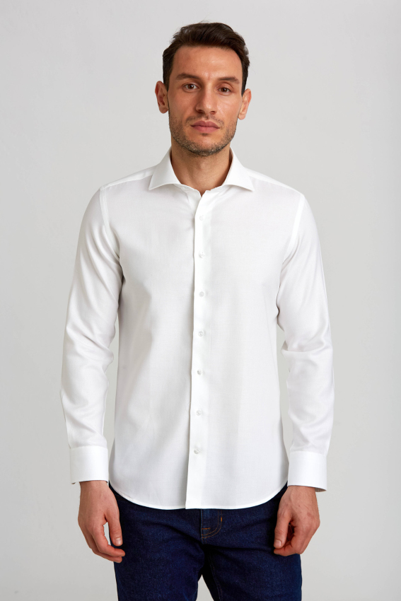 Modern Fit Yarım İtalyan Yaka Beyaz Klasik Erkek Gömlek - 1
