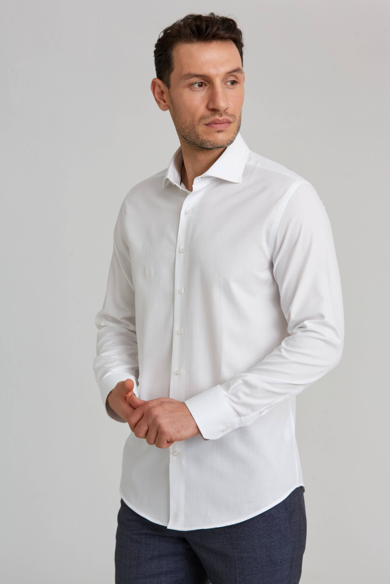 Modern Fit İtalyan Yarım Yaka Klasik Beyaz Erkek Gömlek - 5