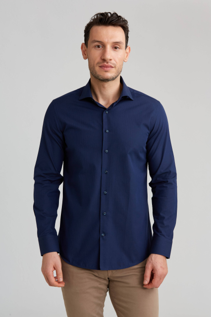 Modern Fit Yarım İtalyan Yaka Lacivert Erkek Gömlek - Bisse