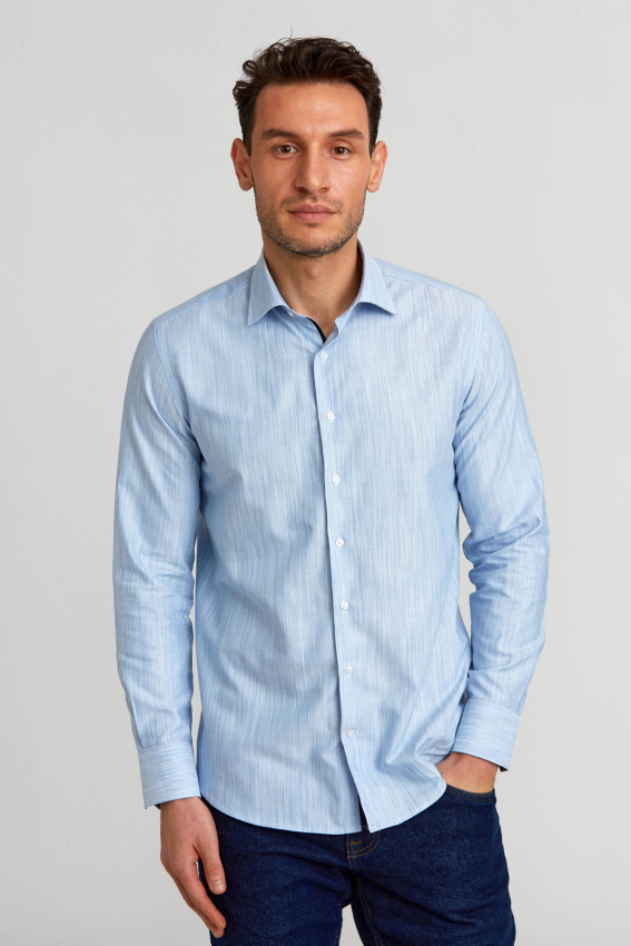 Modern Fit Klasik Dik Yaka Mavi Erkek Gömlek - 1