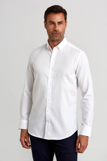 Modern Fit Paşa Yaka Düğmeli Beyaz Spor Erkek Gömlek - Bisse