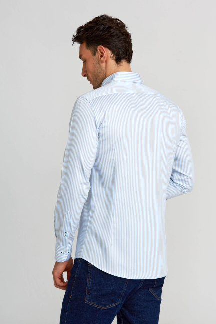 Modern Fit Paşa Yaka Düğmeli Saten Açık Mavi Erkek Gömlek - Bisse (1)